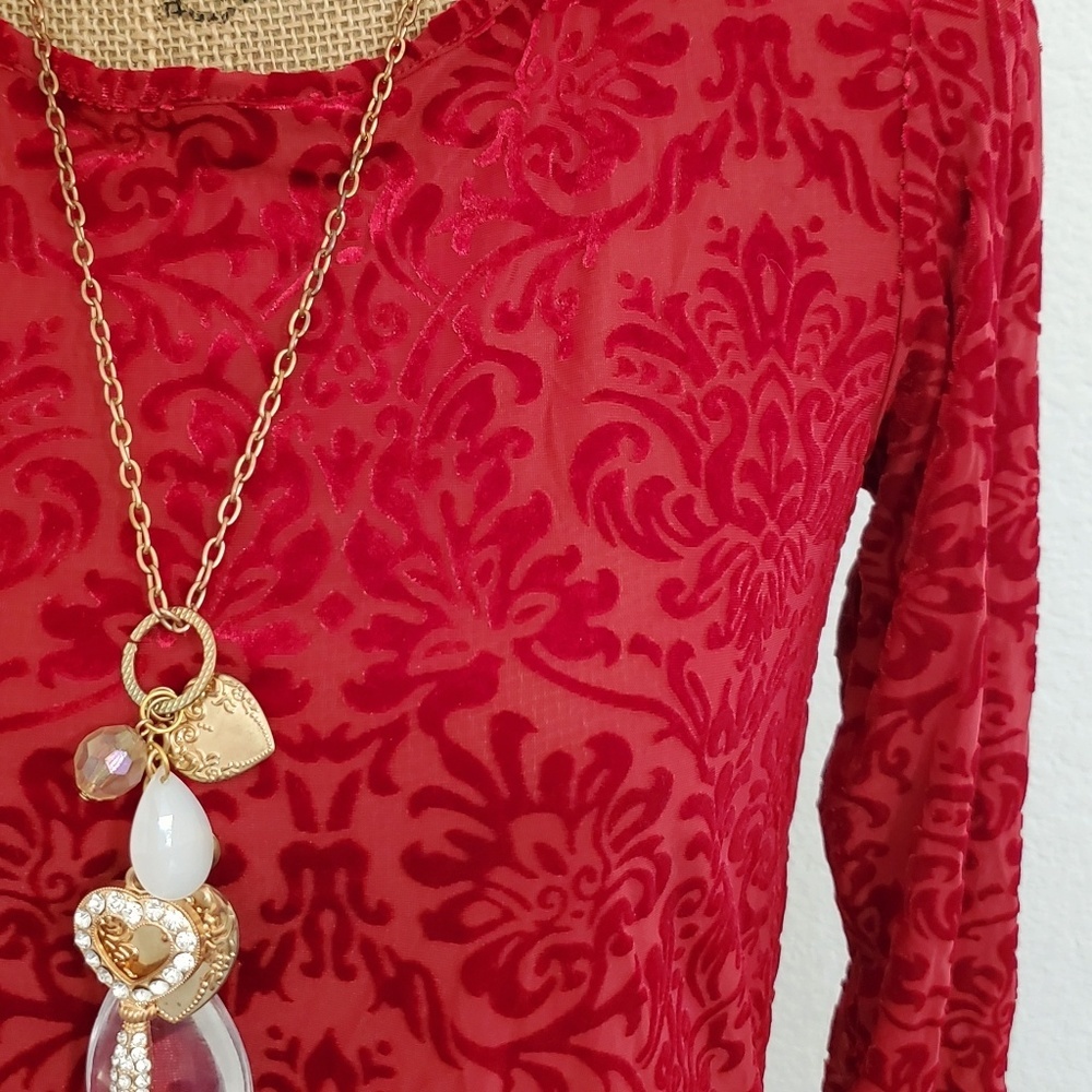 Cato Deep red long sleeve velvety burnout top side slits Size XS dressy formal - Picture 2 of 7